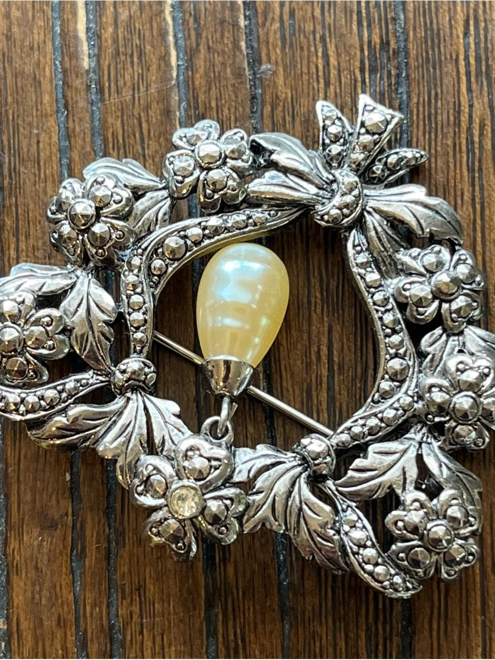 Vintage Floral Heart Brooch with Pearl Drop - Silver Tone